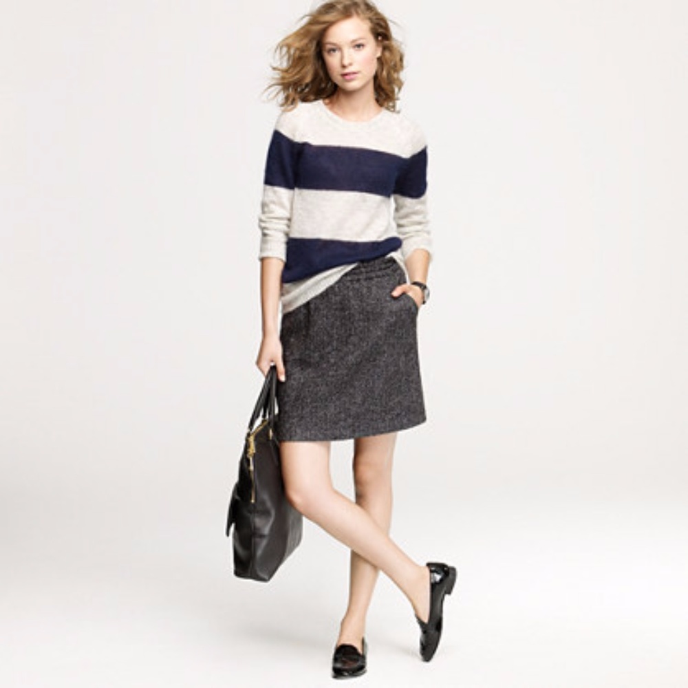 JCrew Leather-tipped black herringbone skirt NWT